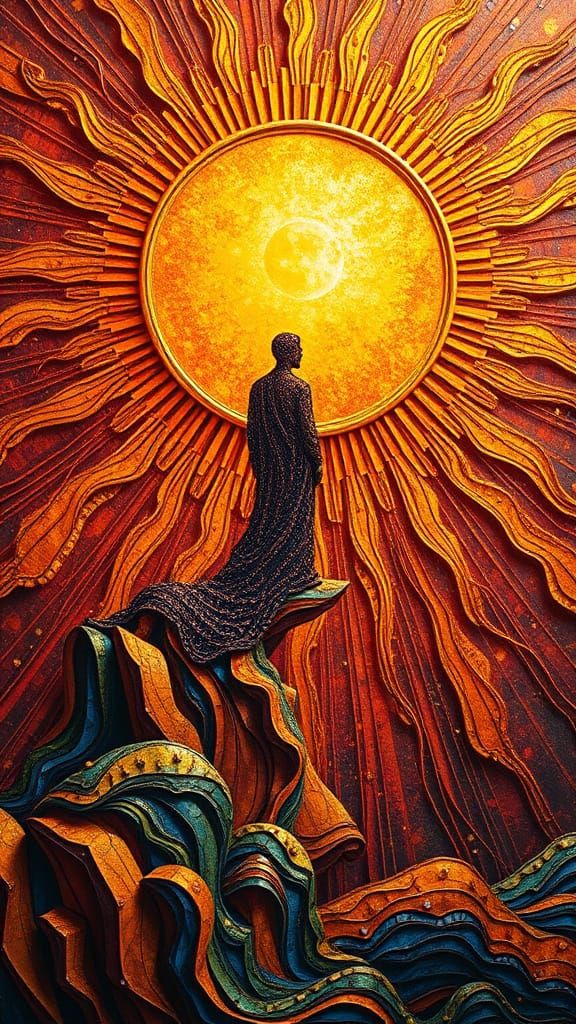 Man in  the Embrace of the Suns Golden Shining Light Moebius contrasting colors deep color detailed painting impressionism quilling oil on c...