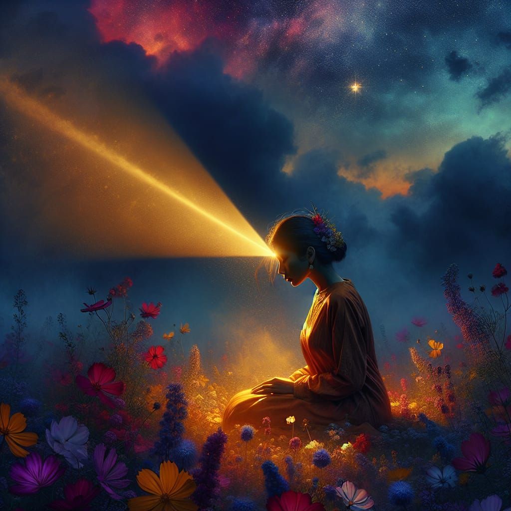 A lonely woman on her knees, in a field of wildflowers in th...