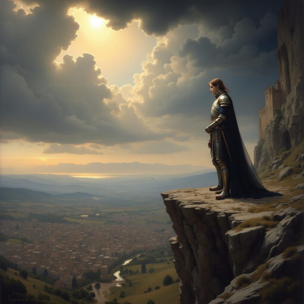 Knight on Cliff Overlooking Town in Romantic Matte Painting ...