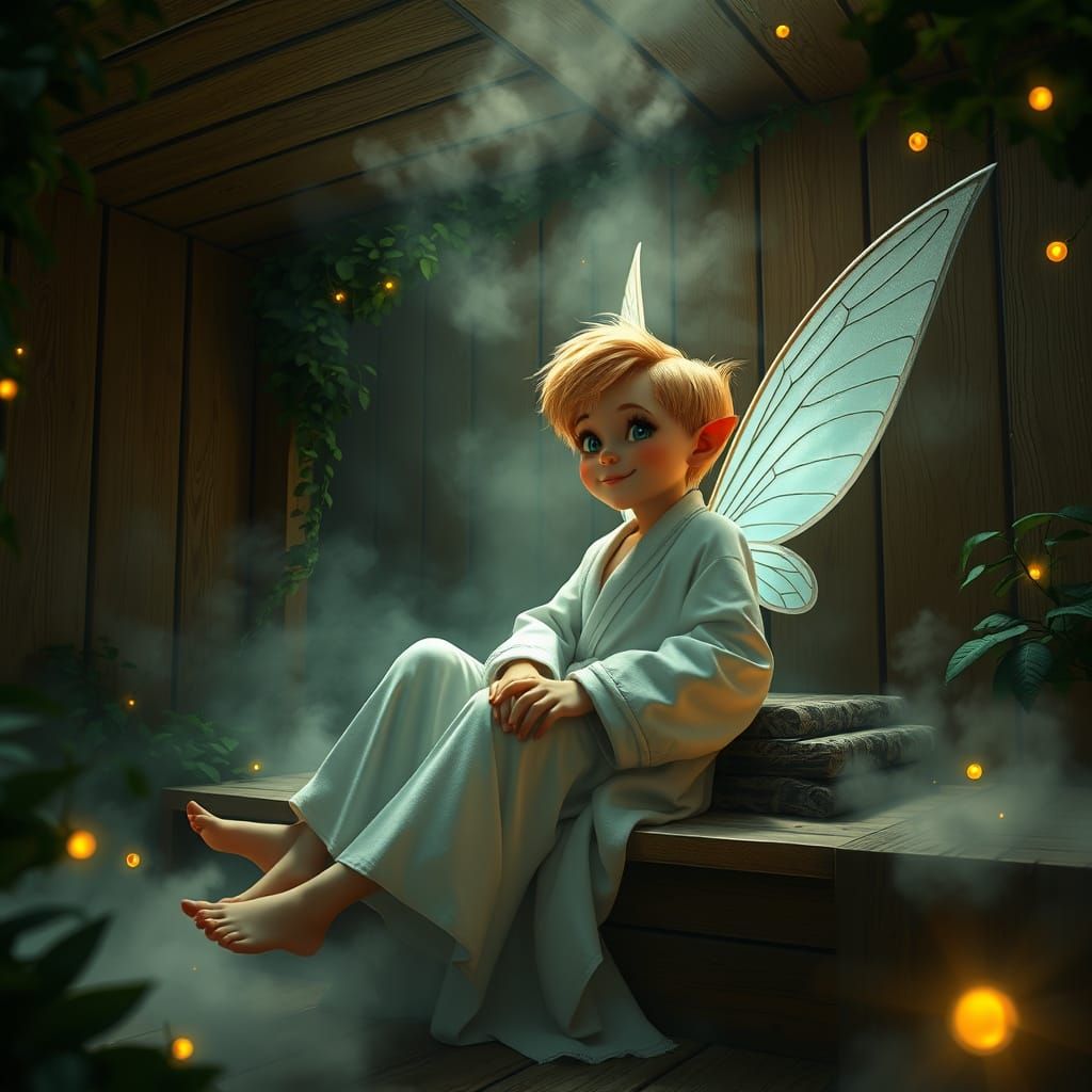 Tinker Bell relaxing in a sauna filled with mist