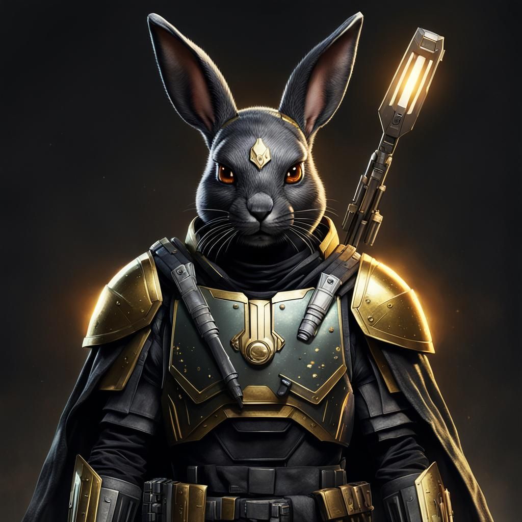 Design a detailed realistic poster featuring a realistic full black rabbit with no facial hair, very big and long ears, large glowing white...