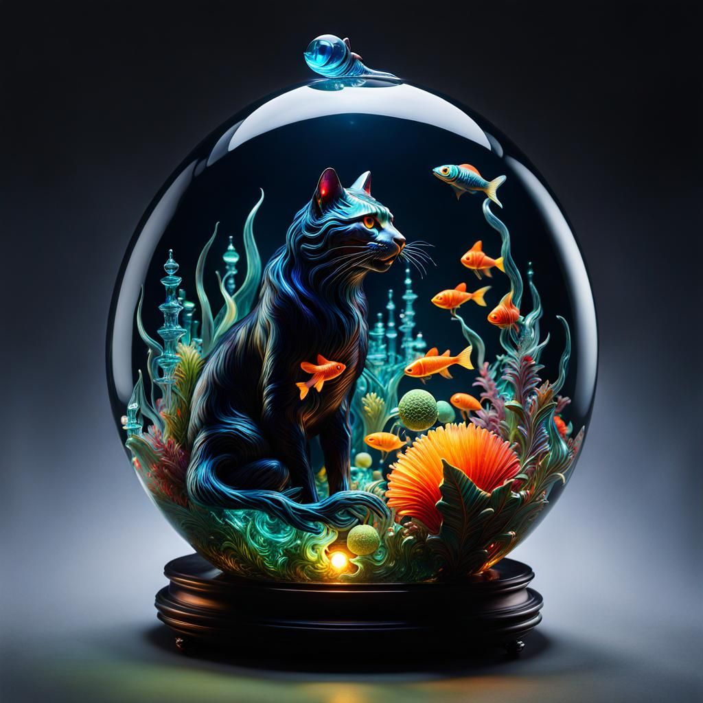 Illuminated Glass Cat Catches Fish, Surrealist Art