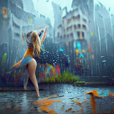 Beautiful blond girl dancing in the rain