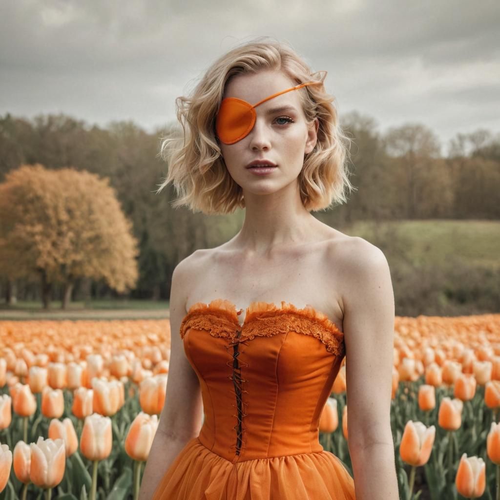 Portrait of gorgeous blonde woman wearing orange eyepatch and strapless tulle corset dress