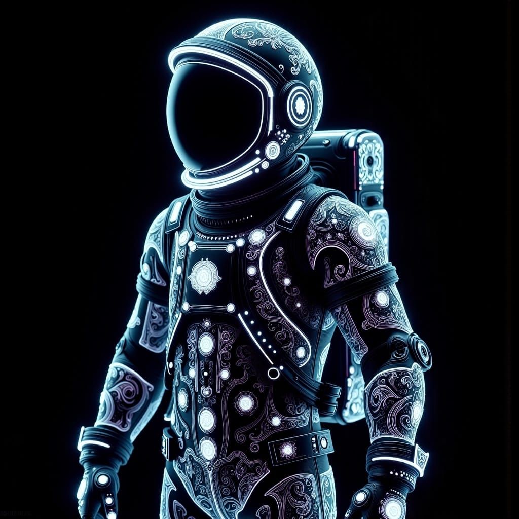 <lora:NegativeLight:1.0> finely detailed, black white (light purple and light blue light) astronaut; black backdrop, soft glow, selective c...