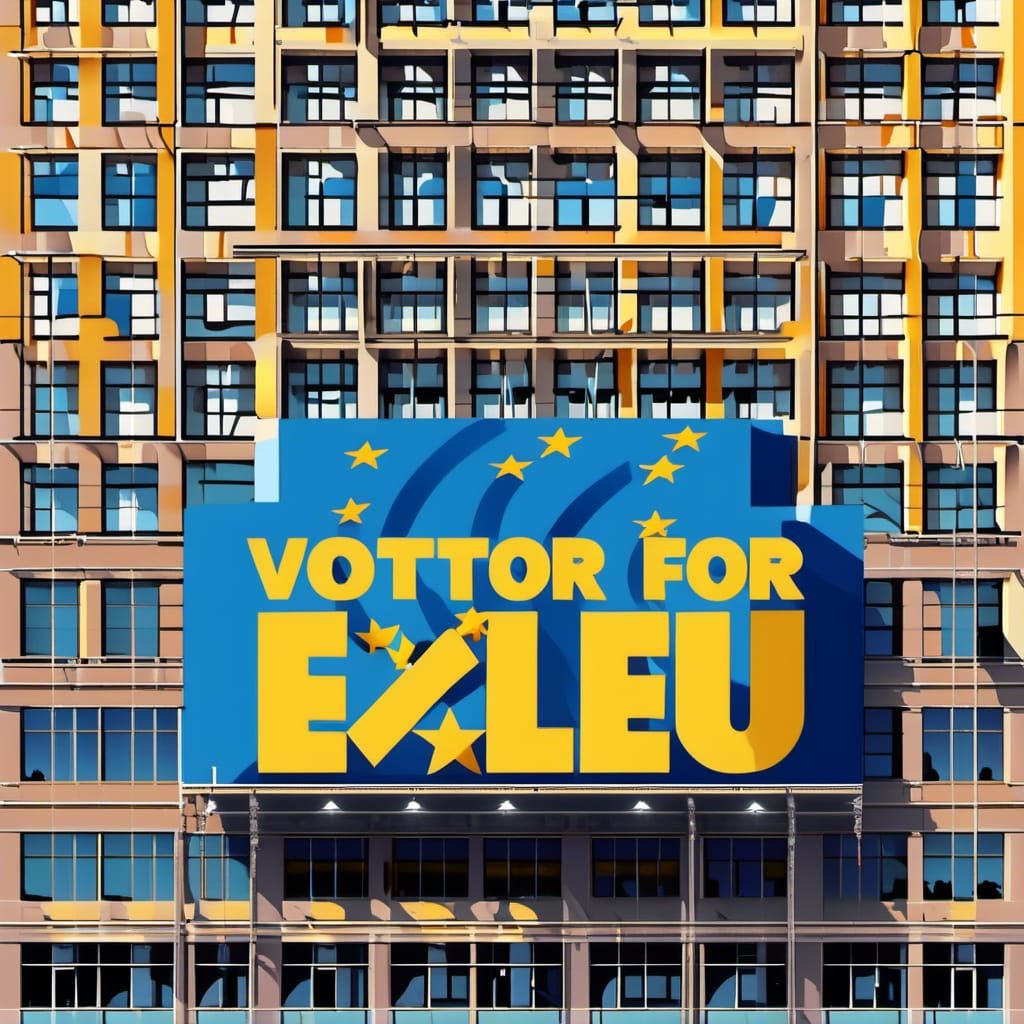 Billboard with big text saying "VOTE FOR EU"<lora:TEXT:1.0>, capital letters, Arial Font, bold, straight lines letters, blue background with...