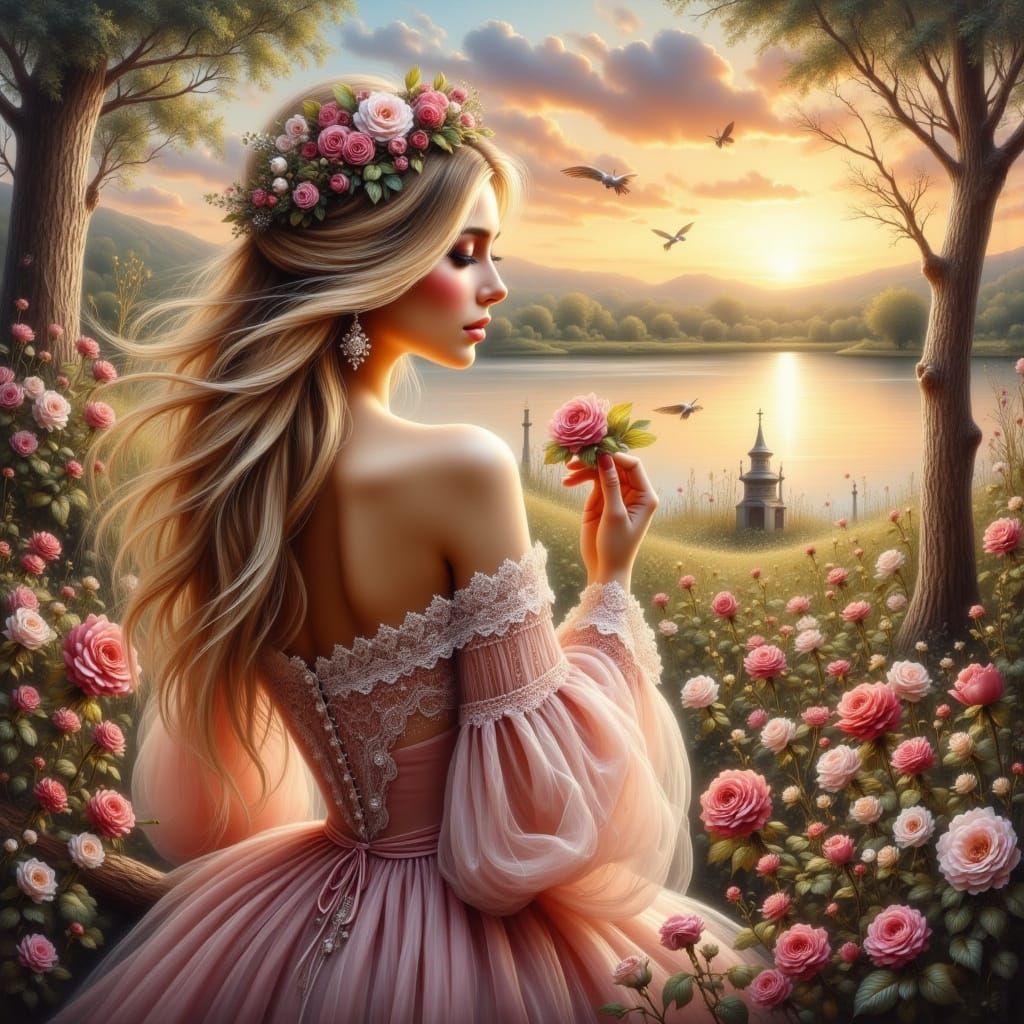 Romantic Woman in Flowing Gown in Fantasy Landscape