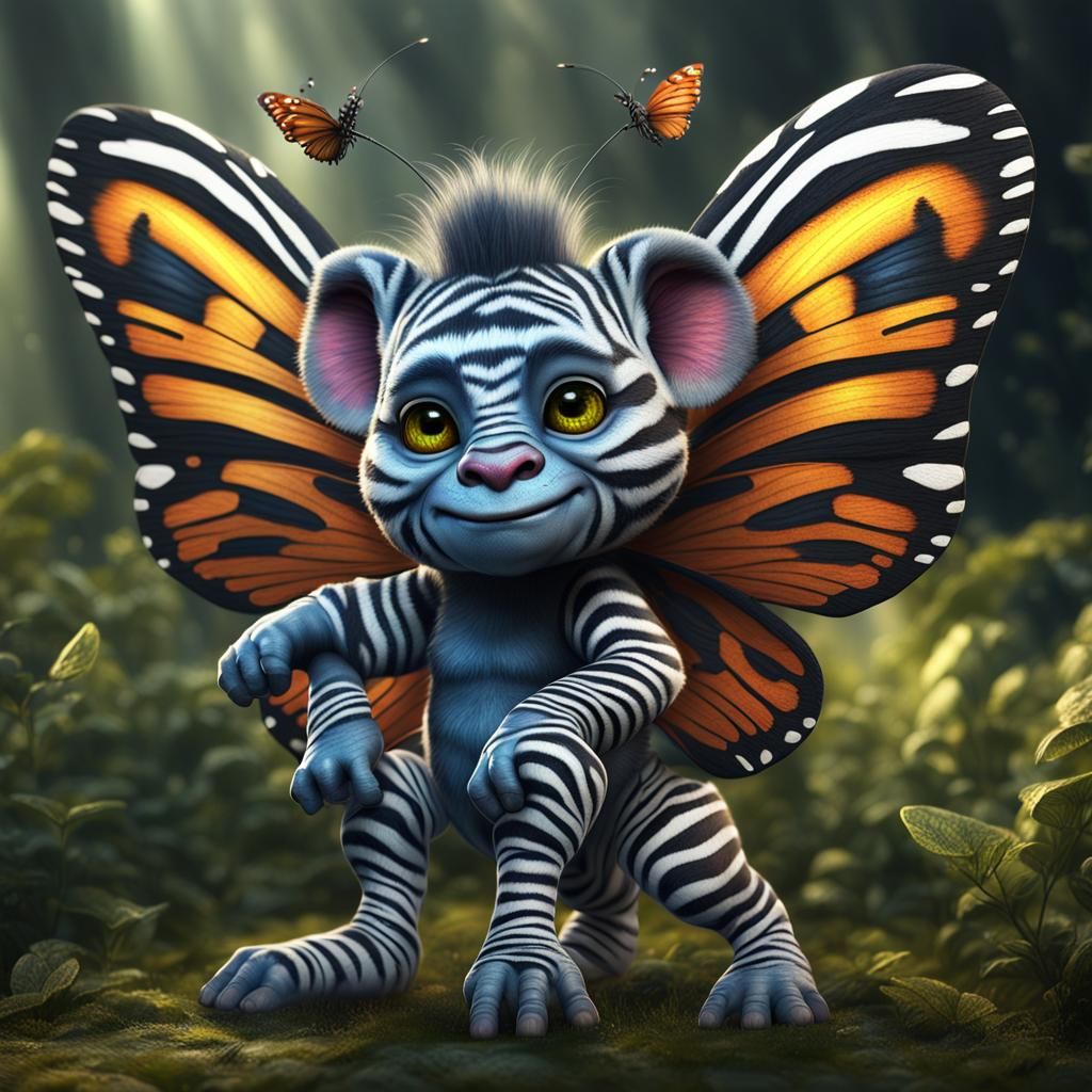 hyperrealistic cute troll as a zebra butterfly,  full body