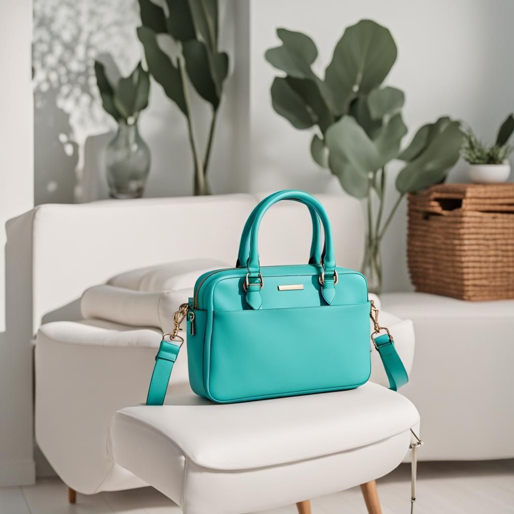 a cute aqua channel bag sitting on a white suface - AI Generated ...