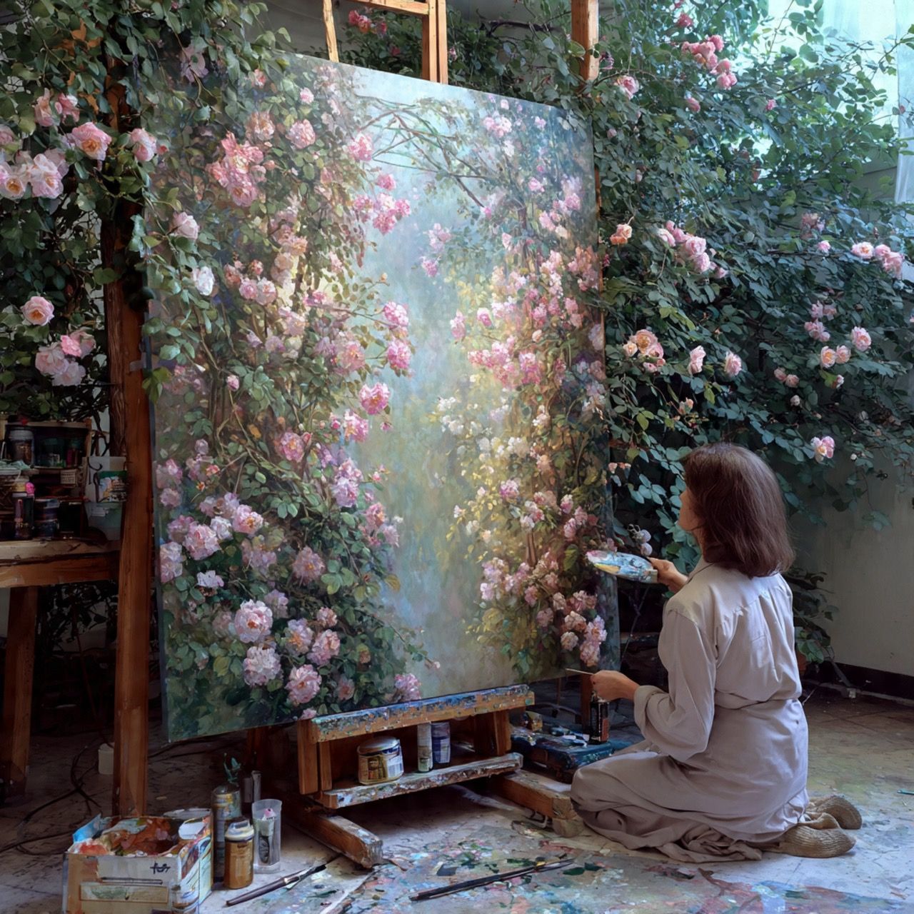 A Magical Artist, who is painting wild roses blossoming on a...