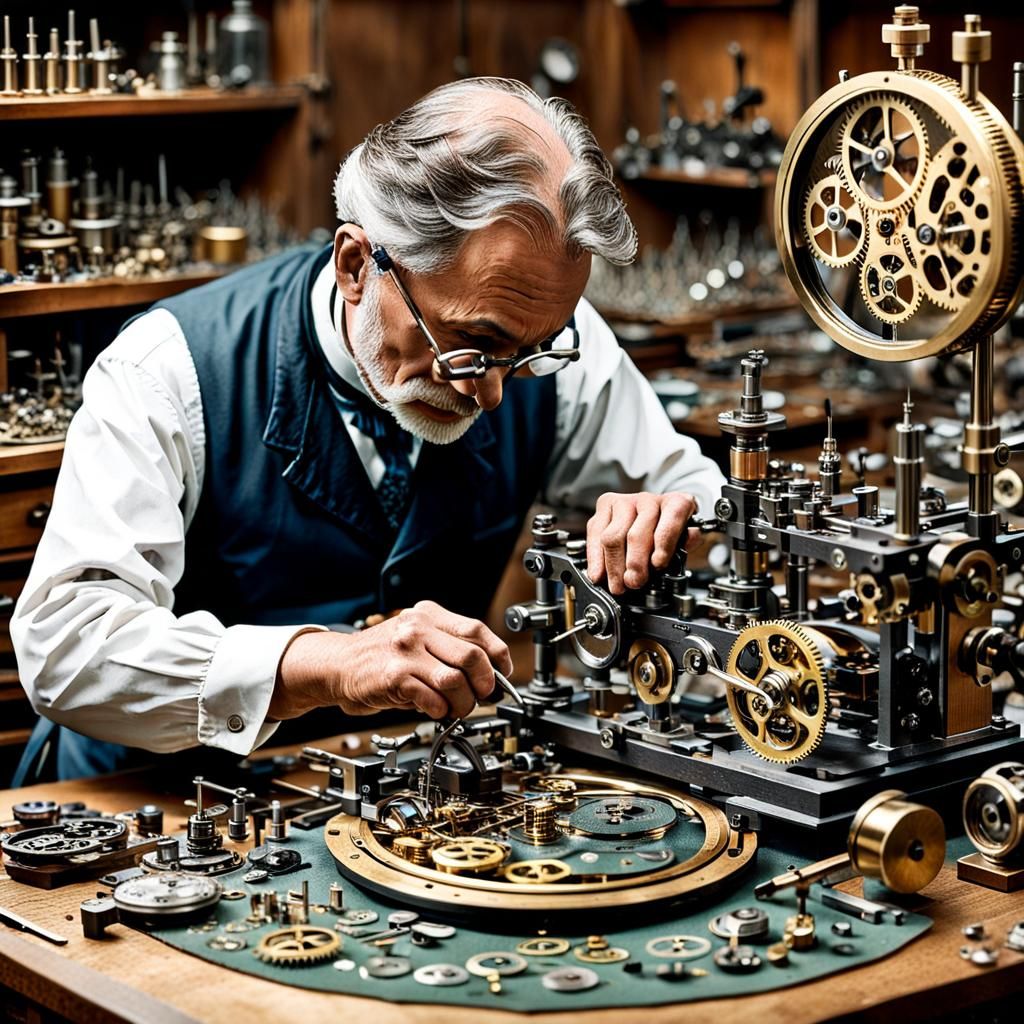 19thCentury Swiss Master Clockmaker, Engrossed In Creating A Complex