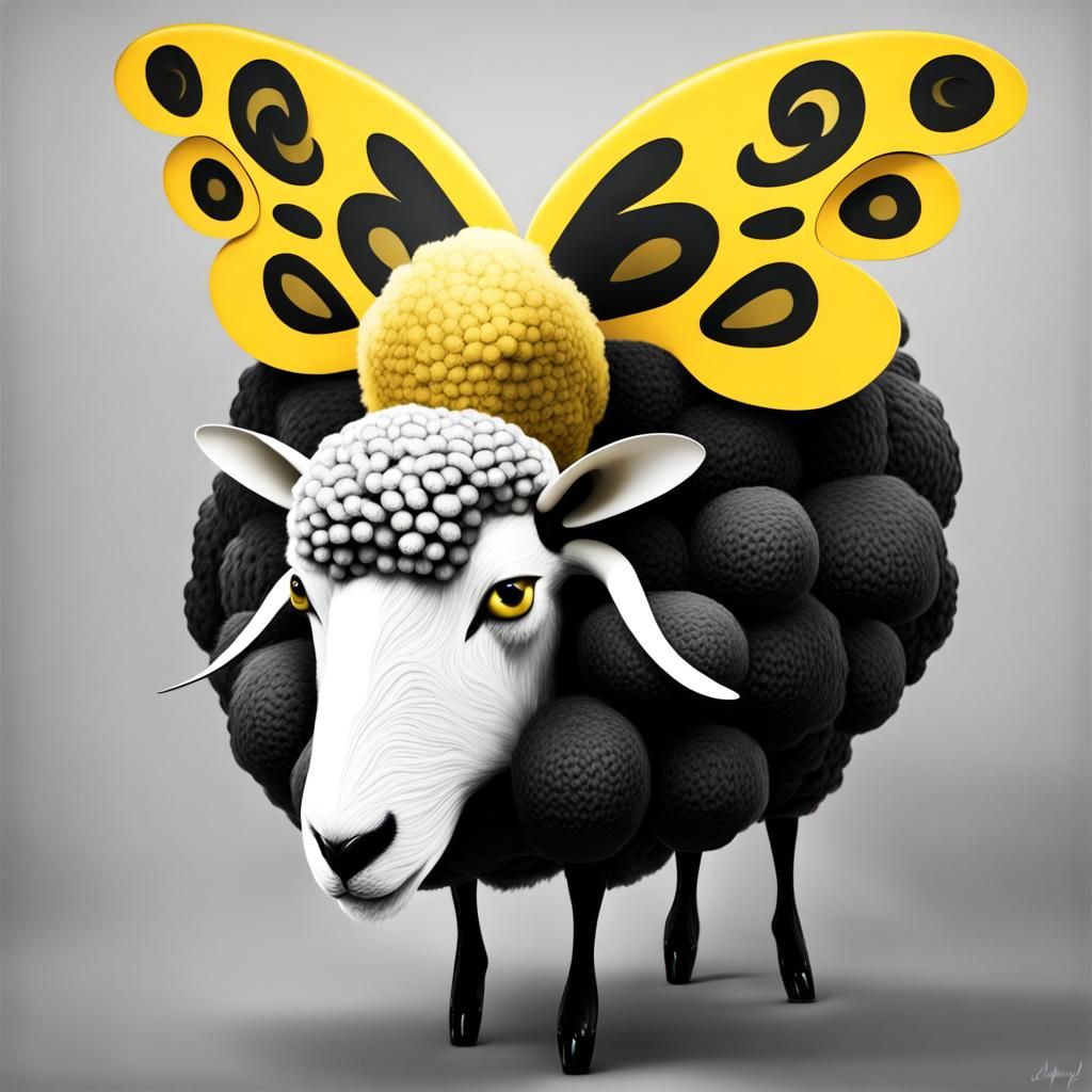 surreal sheep queen bee, a queen bee with wings that look like a sheep ...