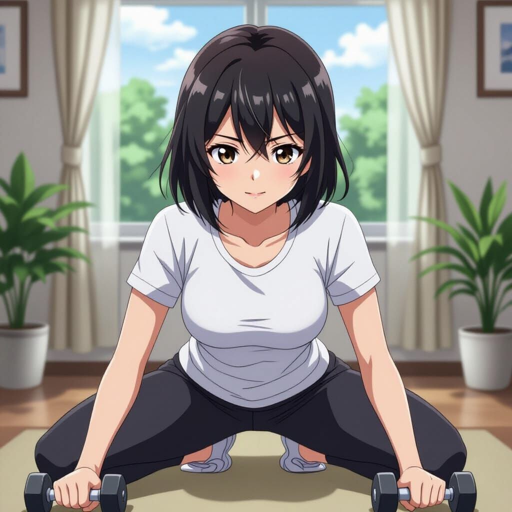 Anime Woman Exercising in Split Screen