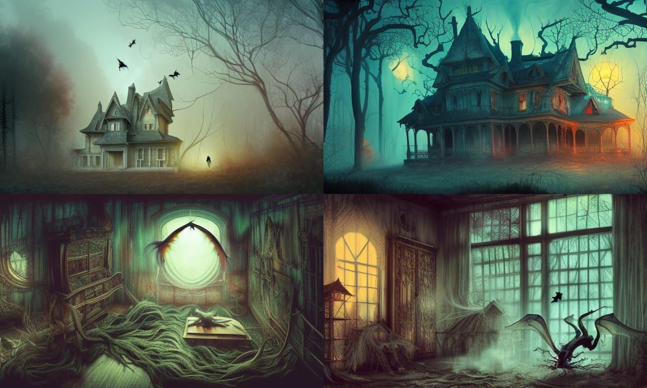 a spooky and haunted location, abandoned house attic, maximalist photoillustration: by Marton Bobzert: 8k resolution con...