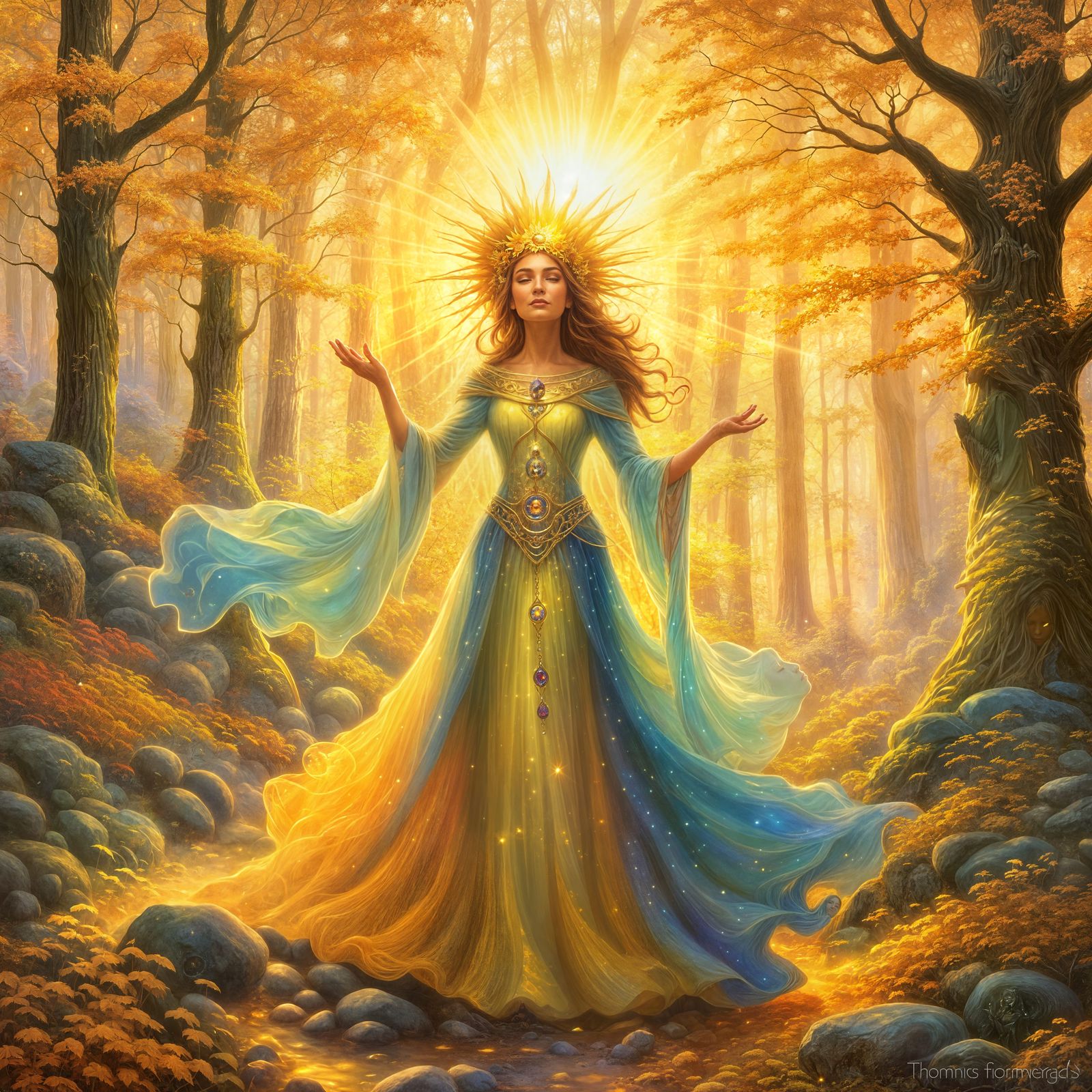 Golden Aura Sun Witch in Ethereal Forest