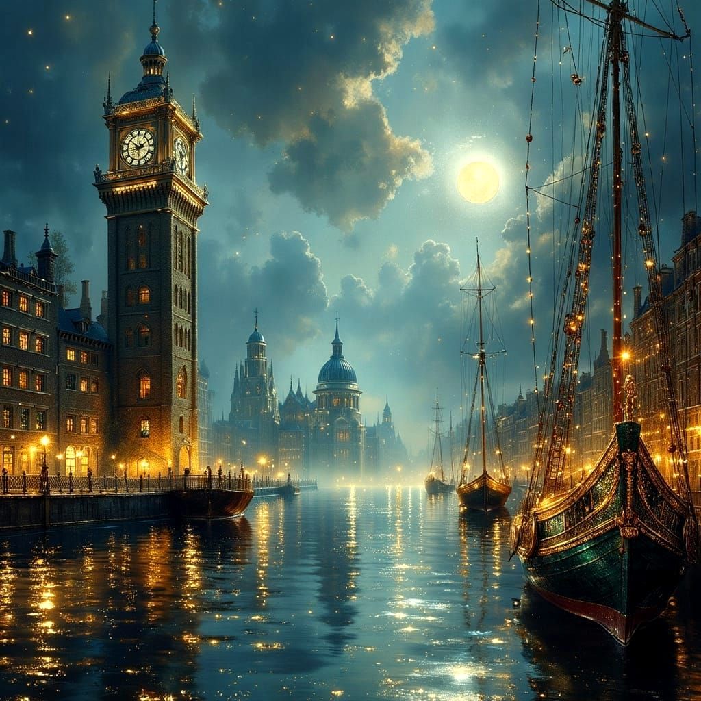 A Victorian harbor city at night in the Exquisite Painting style. Tall masted sailing ships anchored in still, reflective waters, glowing wi...