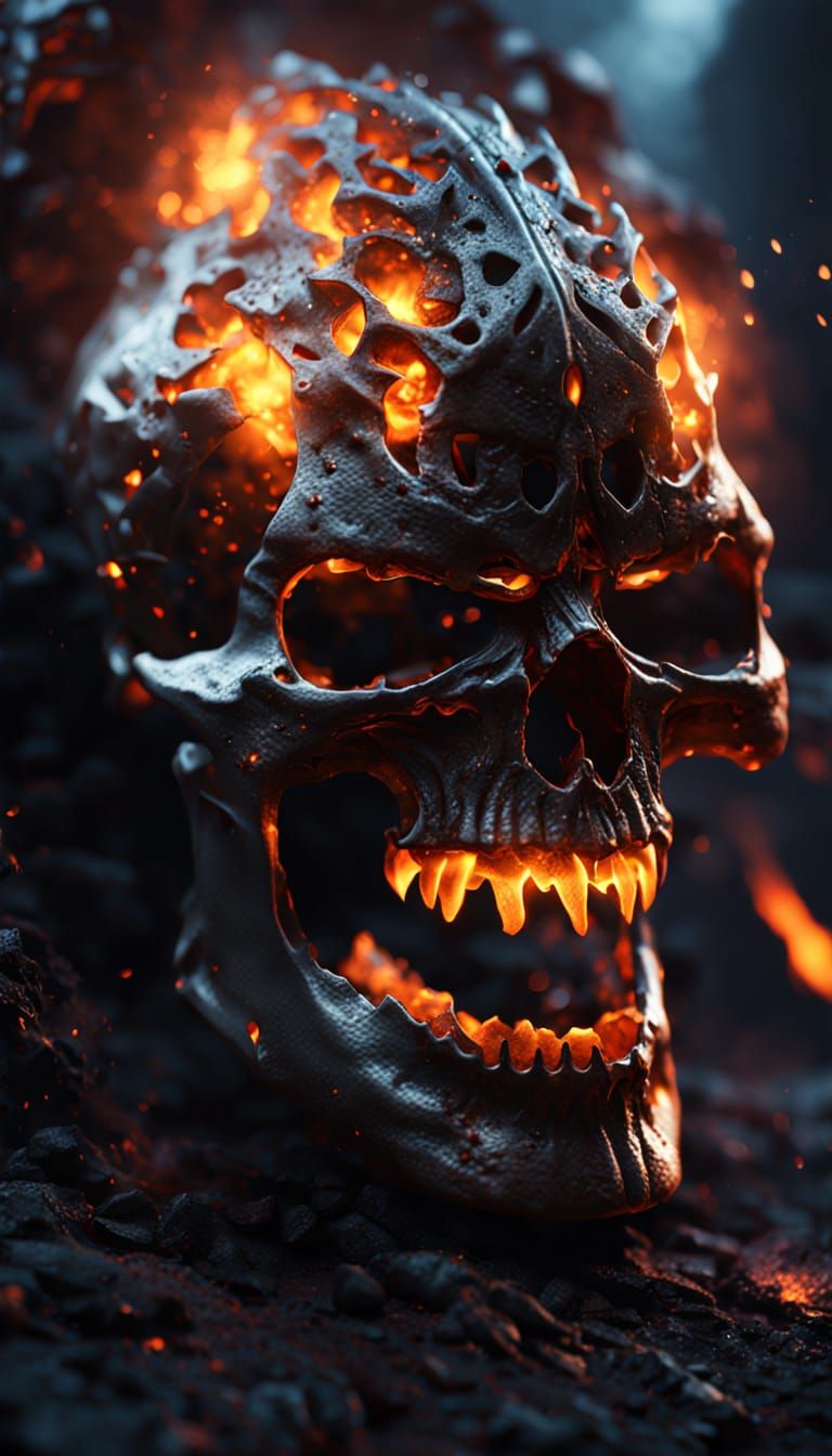 Hyper-detailed demonic skull lord, biomechanical chrome skull with molten lava cracks glowing bright orange-red, sharp jagged crown of twist...