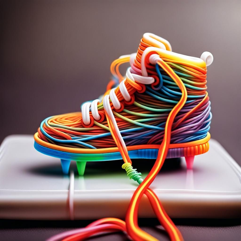 A small person made from string tying the laces of a shoe, a...