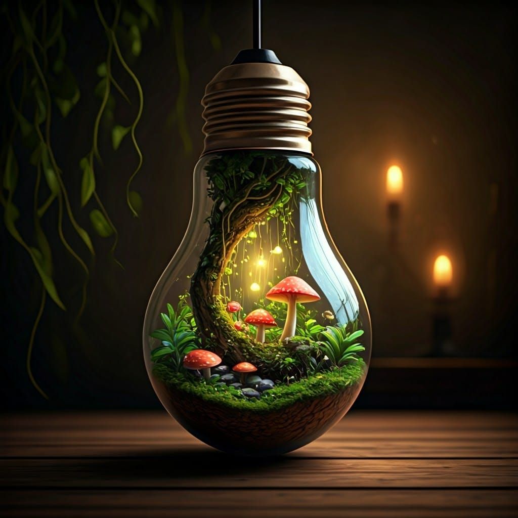 A miniature jungle with mushrooms in a lightbulb in a dark room  by @Gilmore Girls