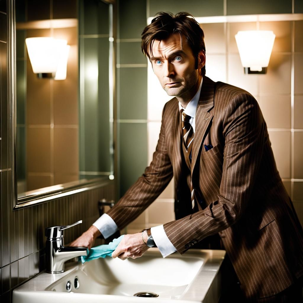 The Tenth Doctor cleaning the TARDIS bathroom
