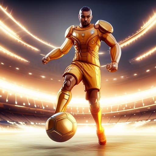 Player wearing a gold suit and kicking the ball in the stadi...