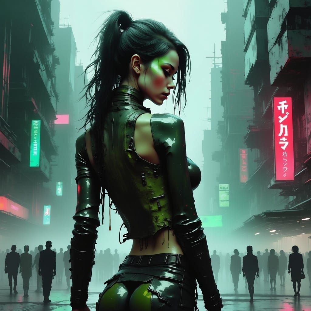<lora:Afterlife:1.0>; 8k; a stunning photo realistic grunge painting; futuristic cyberpunk woman; distopian city at night; colorful tones; o...