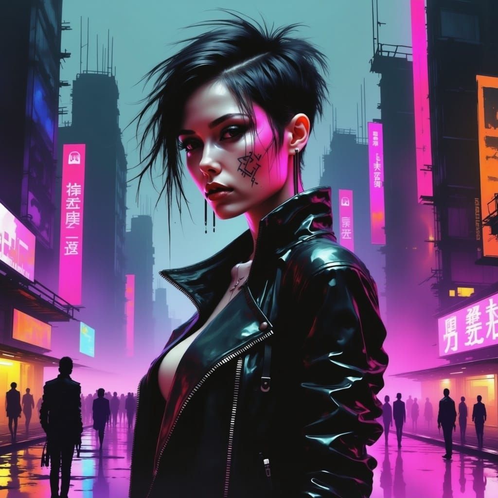 <lora:Afterlife:1.0>; 8k; a stunning photo realistic grunge painting; futuristic cyberpunk woman; distopian city at night; colorful tones; o...