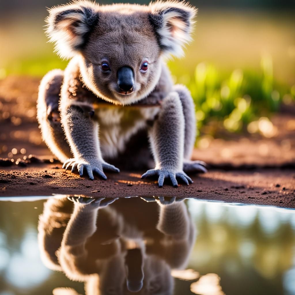 A baby koala, staring at its reflection in a puddle, with a ...