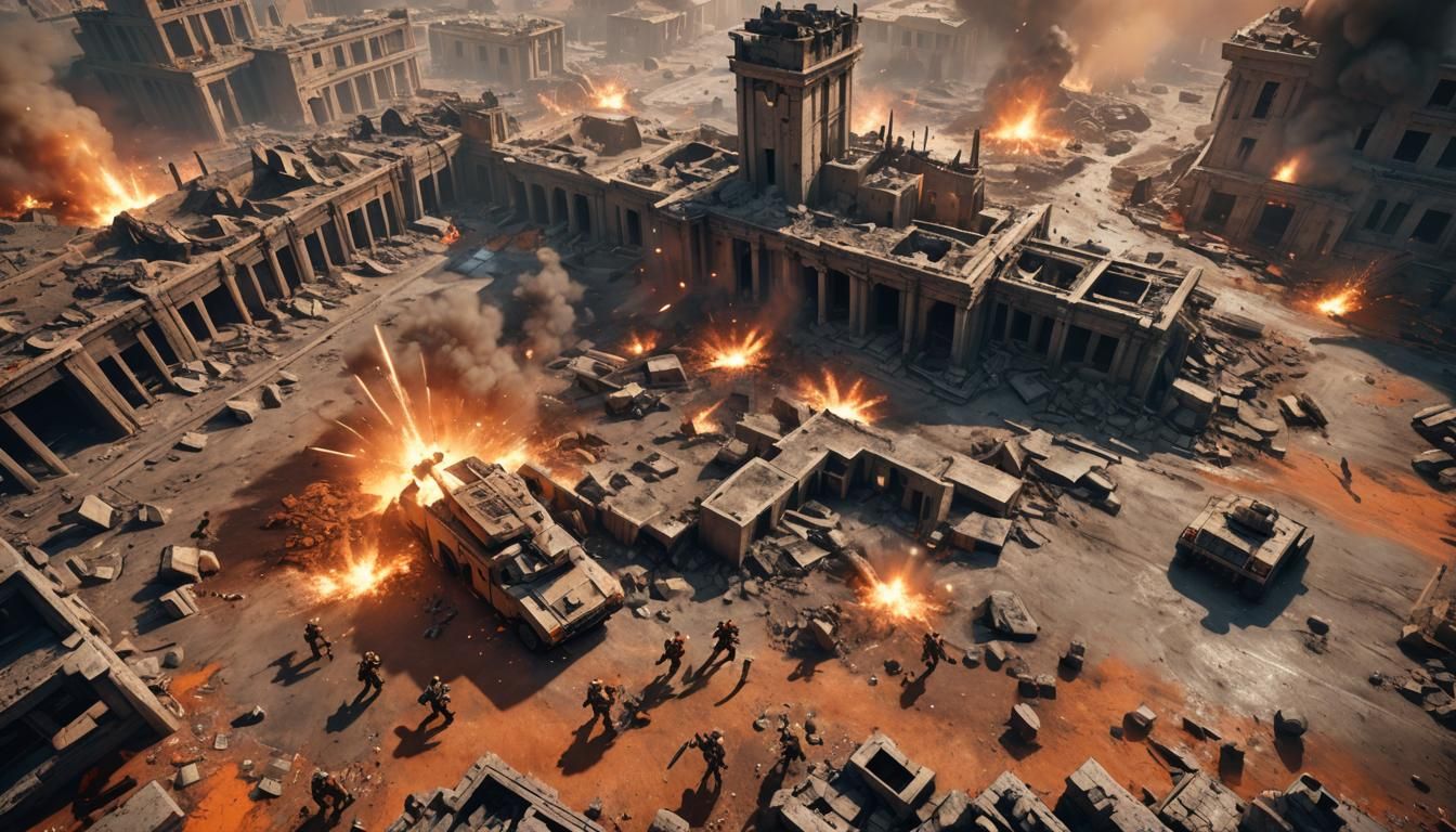 battle field, explosion on the ground. Ground view