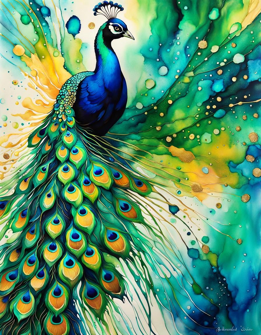 Ethereal Peacock Portrait in Vibrant Splash Art