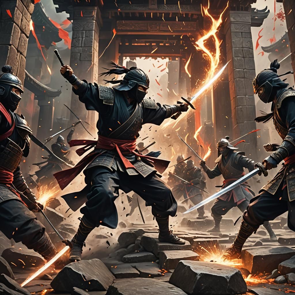 "A violent battle between a ninja and a samurai in an ancient temple. Swords clash with tremendous force, creating sparks and deep cuts in t...
