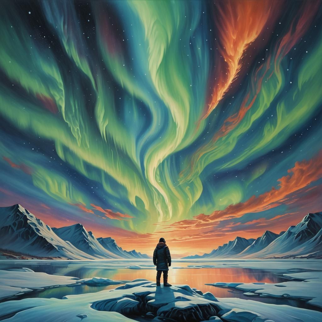 Aurora Borealis over Frozen Lake in Surreal Style