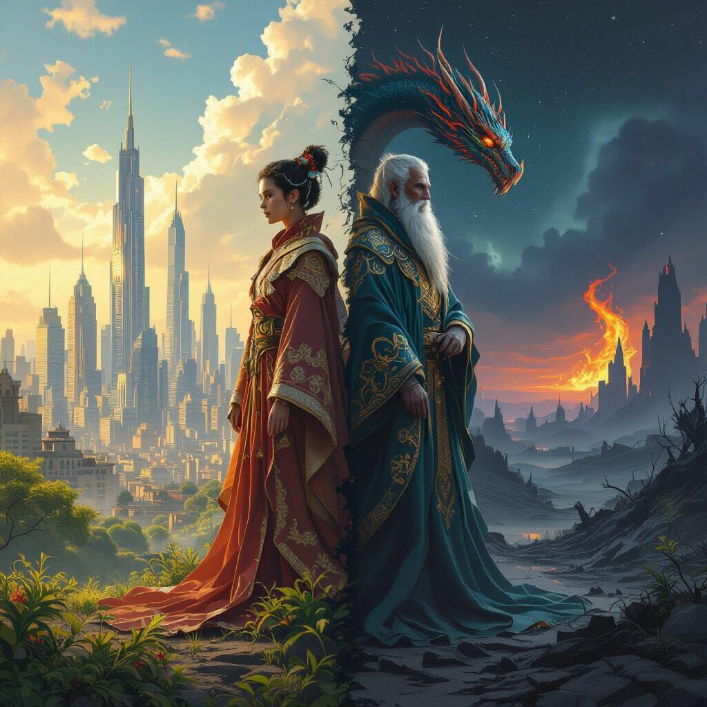 A portrait split between youth and old age, One side showing a thriving city and the other in ruins, ...  by @Designer Devil