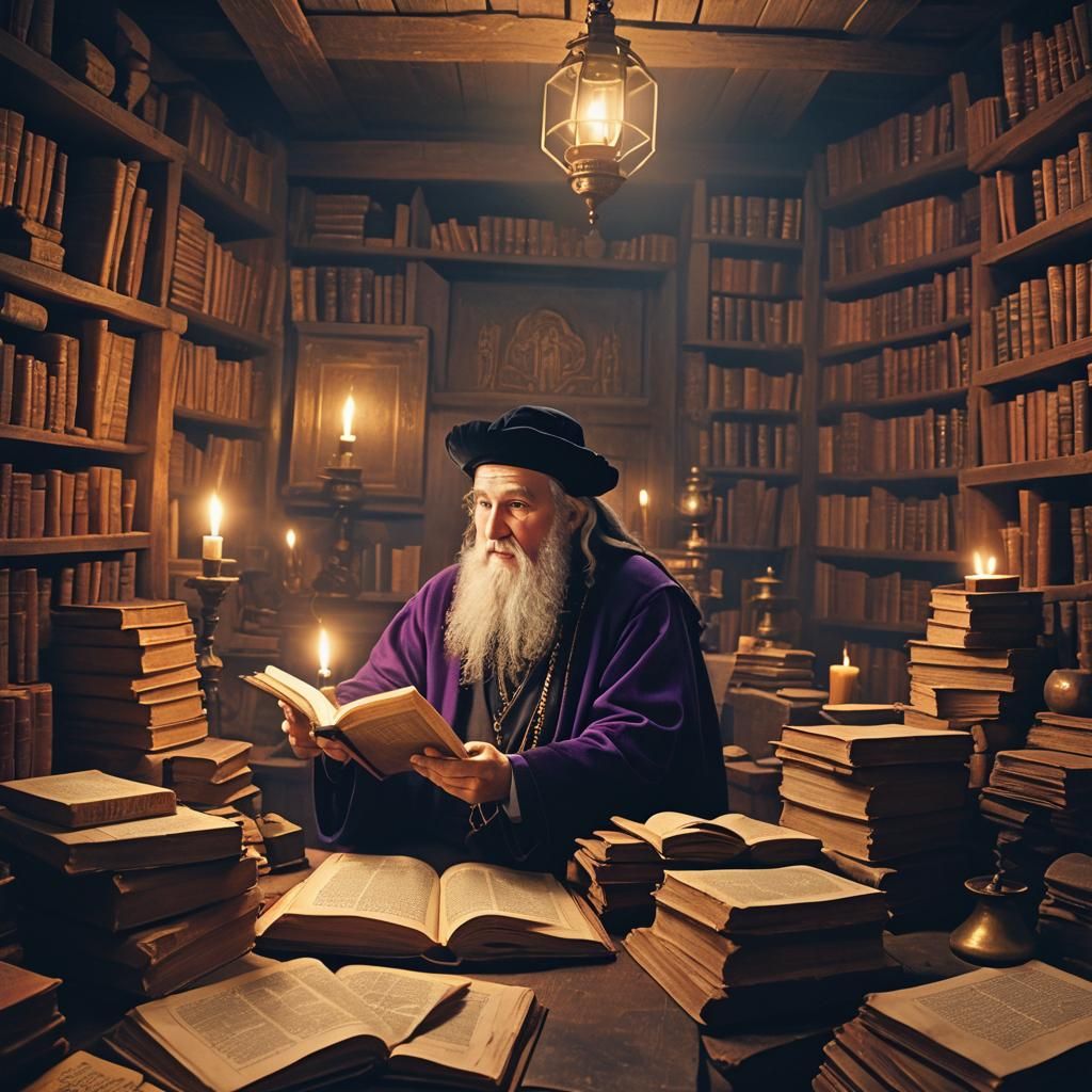 Rabbi Teaching in Cozy Study, Matte Painting