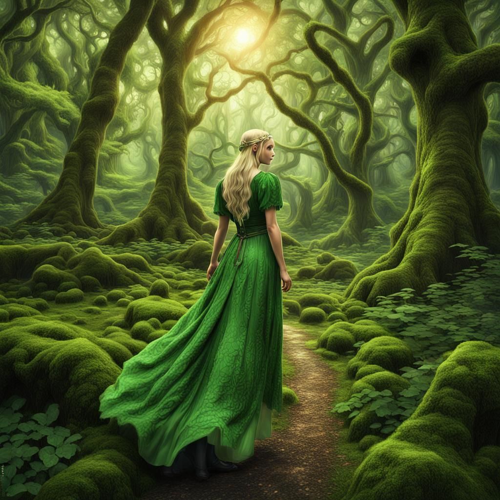 A beautiful blonde elf maiden in a shimmering green dress strolling ...