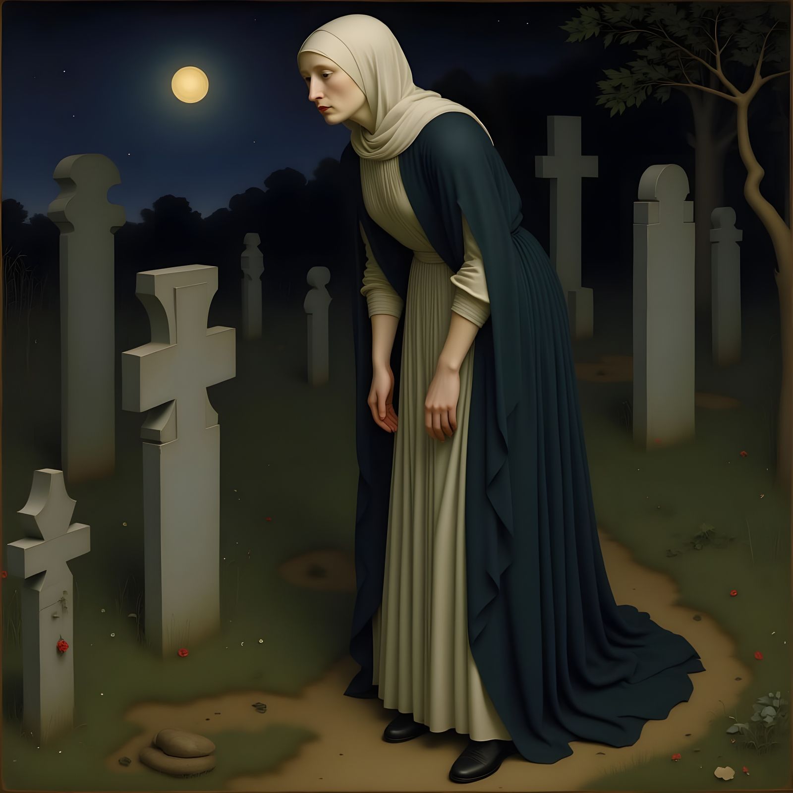 Woman in Eerie Graveyard: Pre-Raphaelite Style