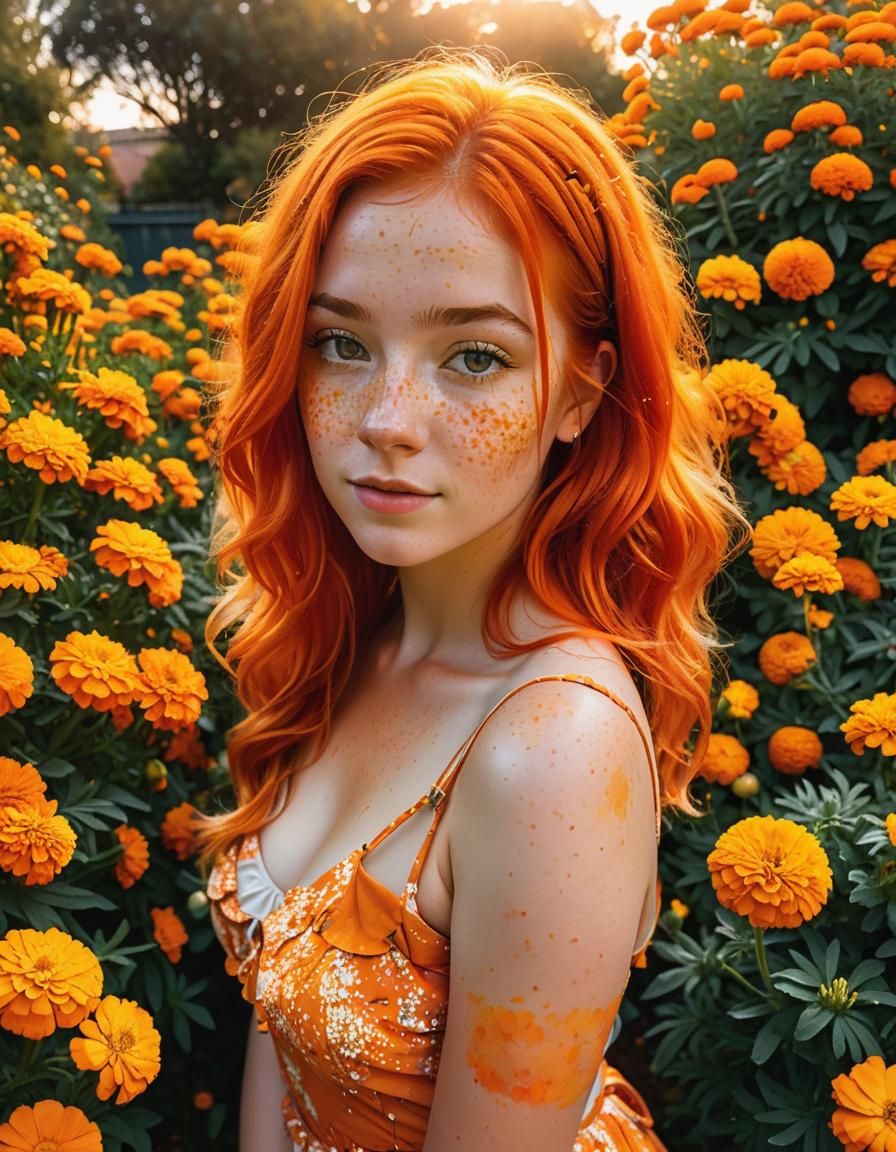 Female Portrait in Tangerine:  Vibrant Orange Hair, cute orange freckles, standing in a Garden filled with orange marigo...
