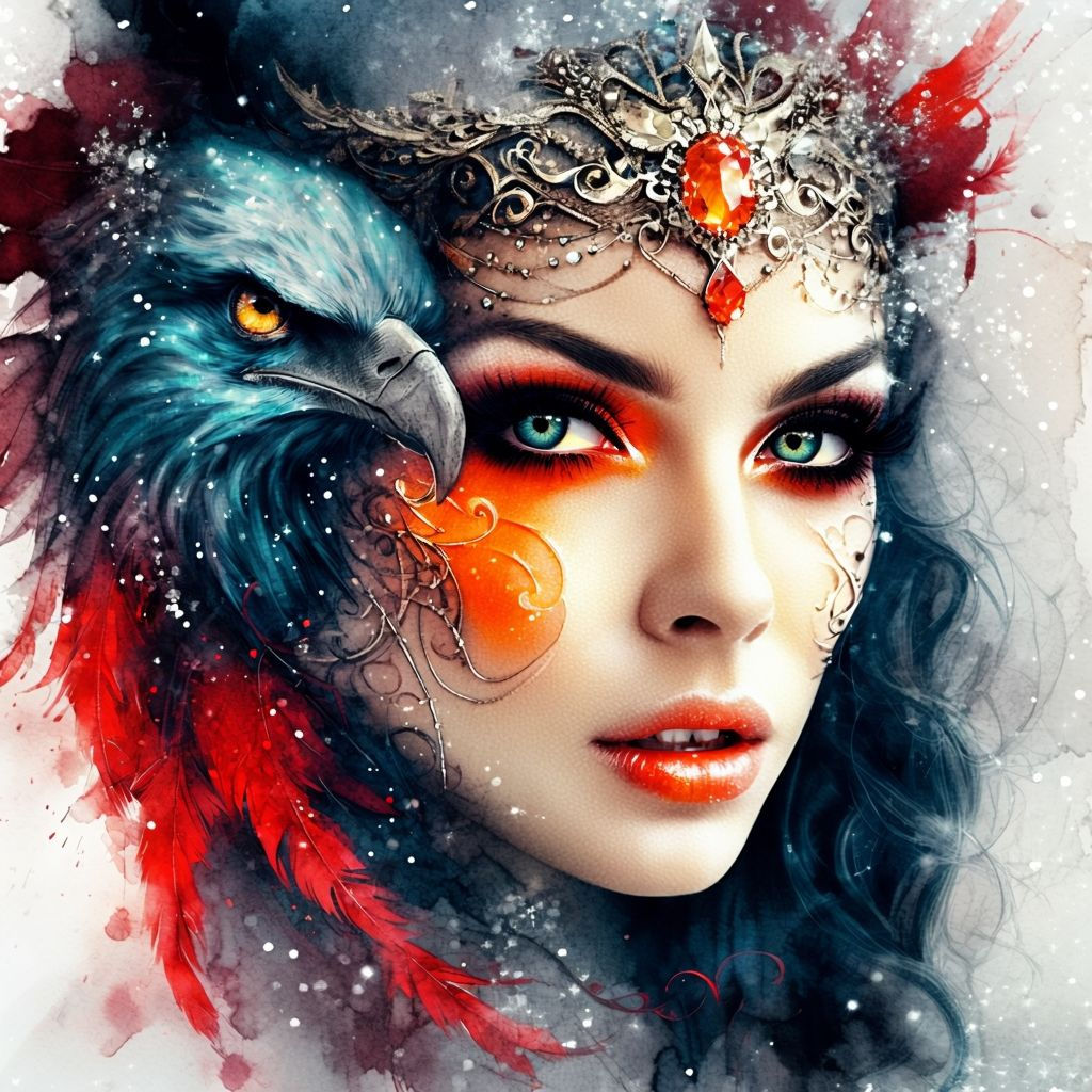 Artwork portrait of a woman named Marie, with a bird on side