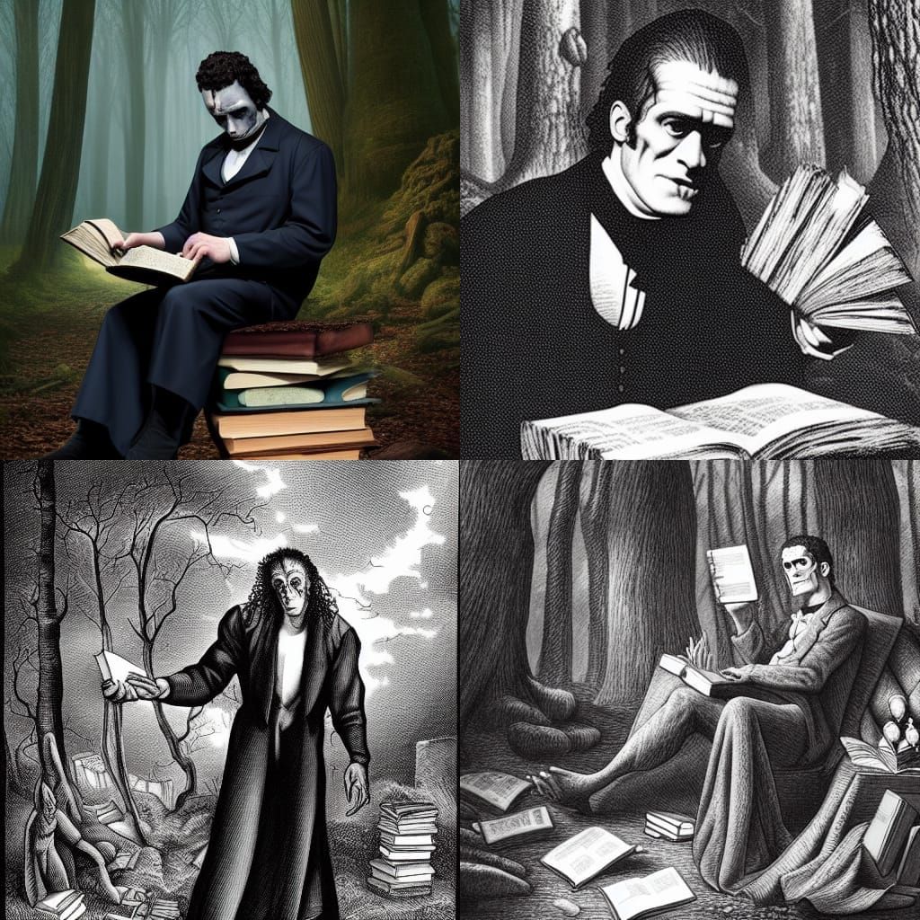 frankenstein's monster in oversized formal clothes reading p...