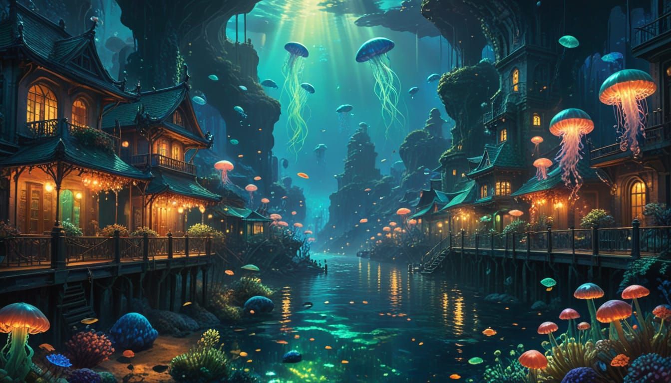 depict an underwater city: The style is a blend of Thomas Kinkade's charming warmth, with neon colors, ...  by @LTSings