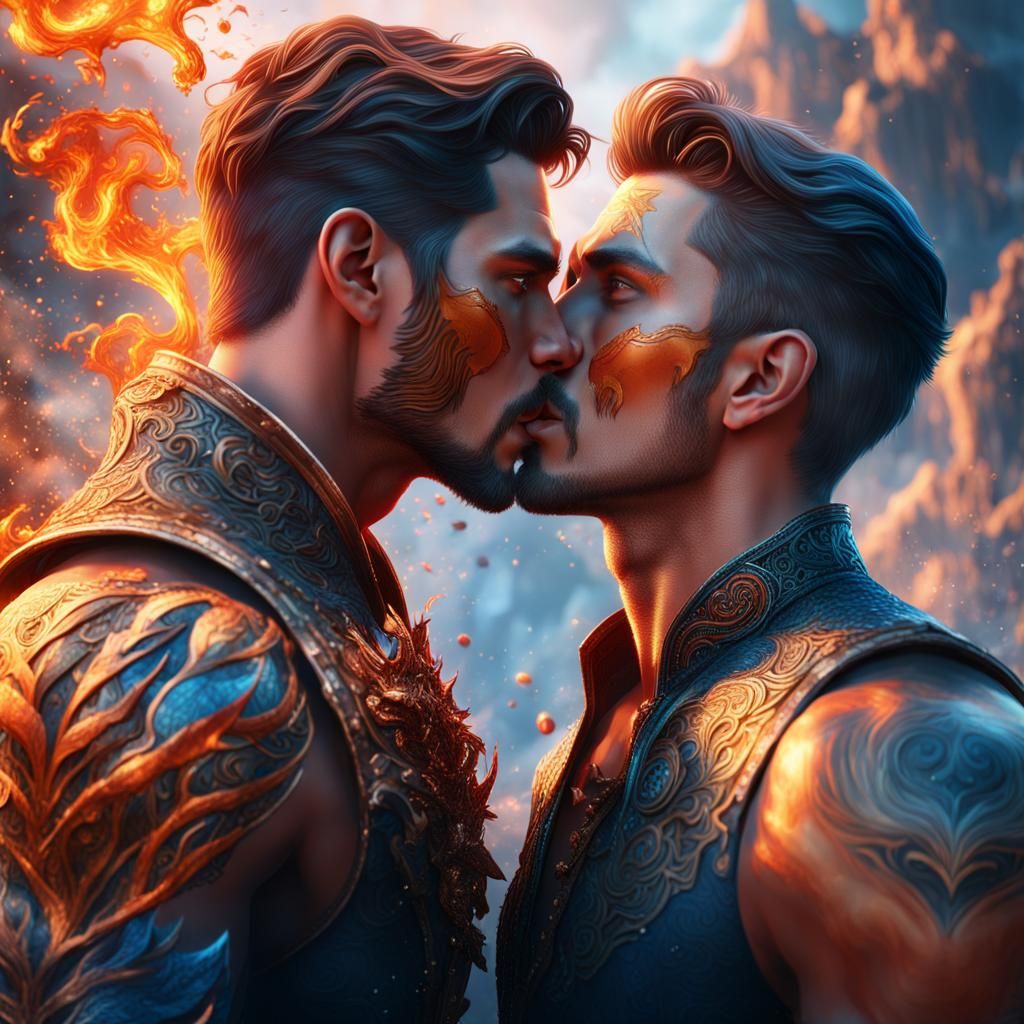 two beautiful men giving each other a very hot kiss
