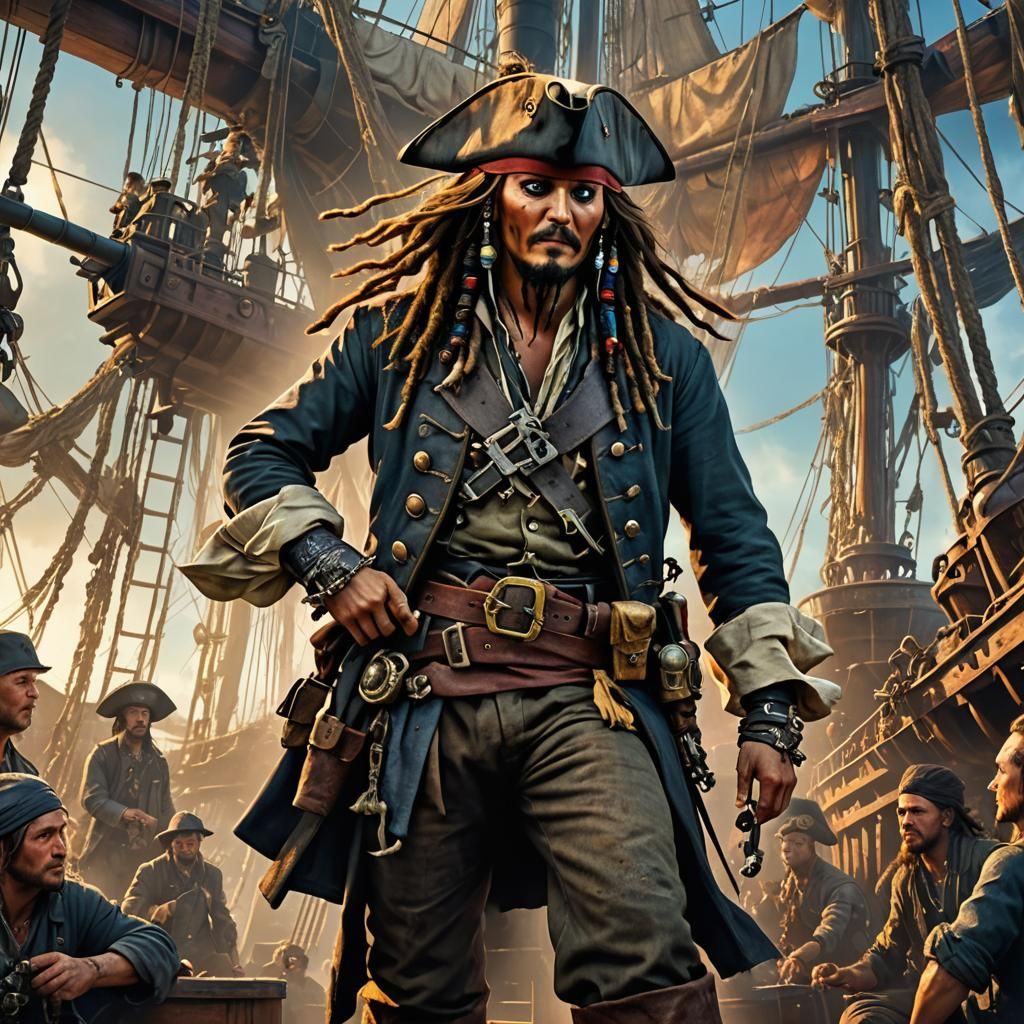 Jack Sparrow talking to his crew whilst climbing the rigging in his long boots. Hyperrealistic, splash art, concept art, mid shot, intricate...