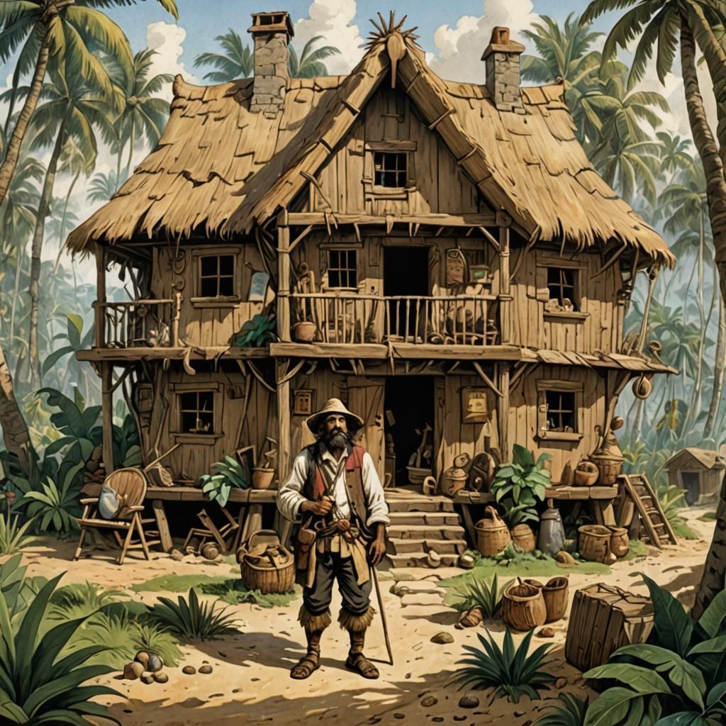 Robinson Crusoe outside a large crafted house