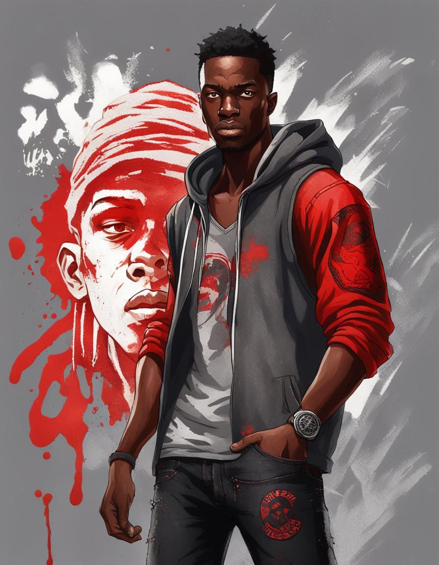 young African man with a confident and modern street style. He is wearing a tight-fitting dirty grey low neckline singlet with the logo "Klu...