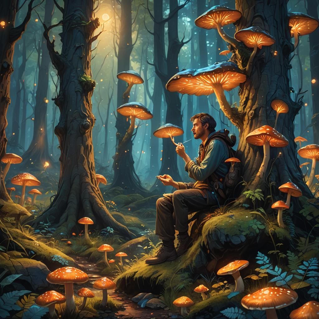 Mystical Forest: Man Picking Nose in Oil Painting