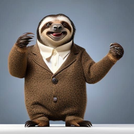 Sloth politician, giving a speech, gesturing with clawed hands