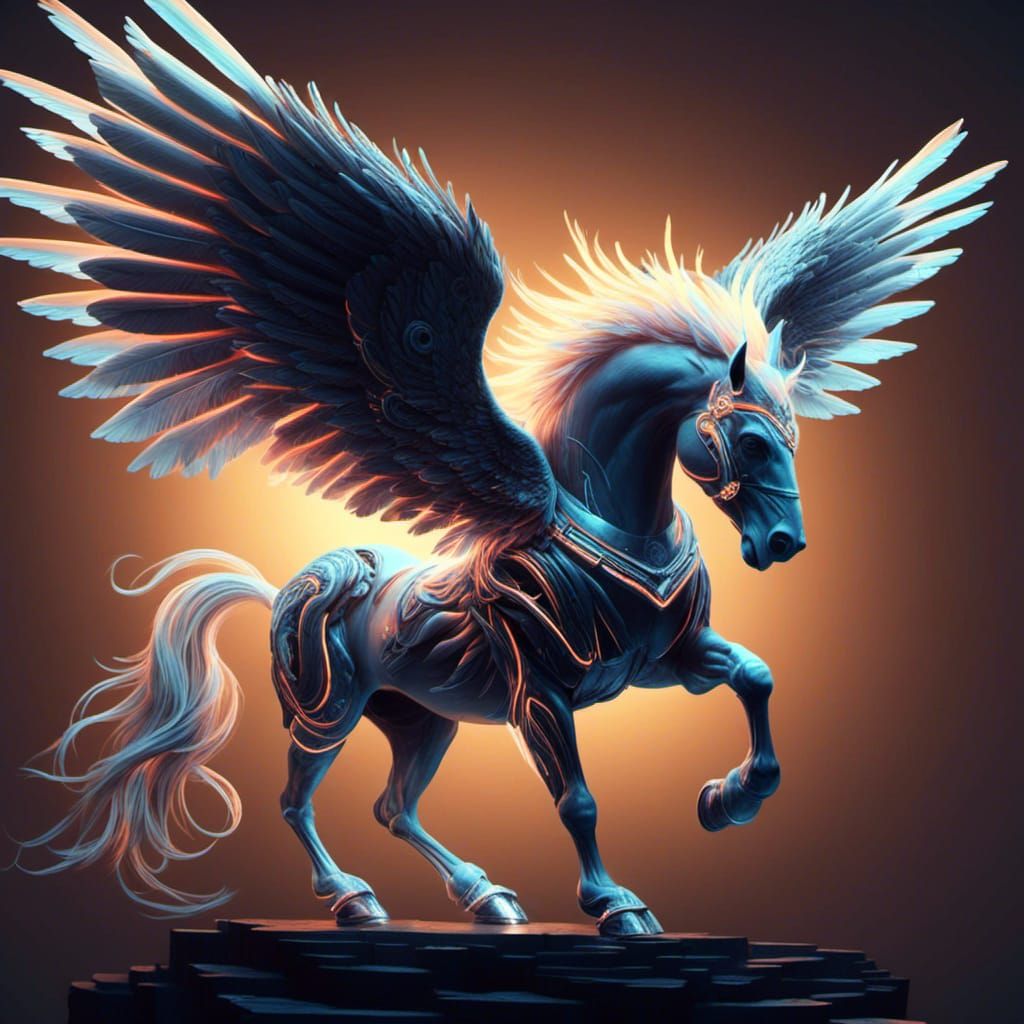 <lora:Deus Ex Machina:1.0> Glowing Pegasus,  spread wings, dark background 