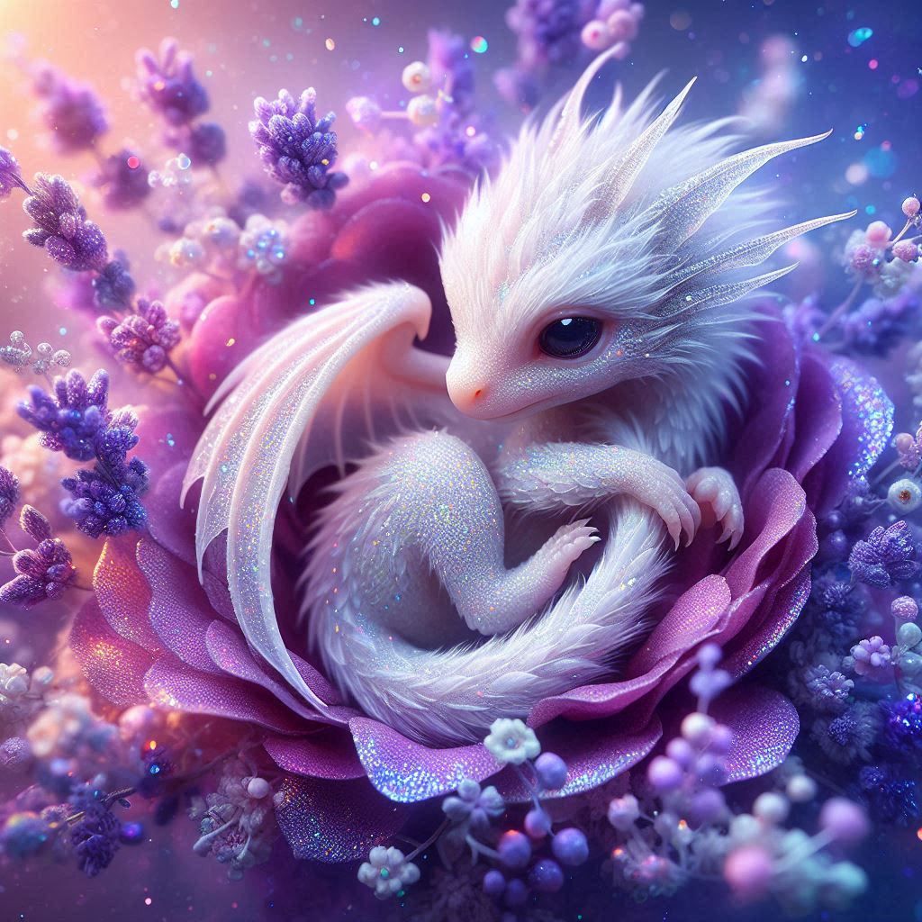 Cute baby Dragon curled up in a purple flower (2)