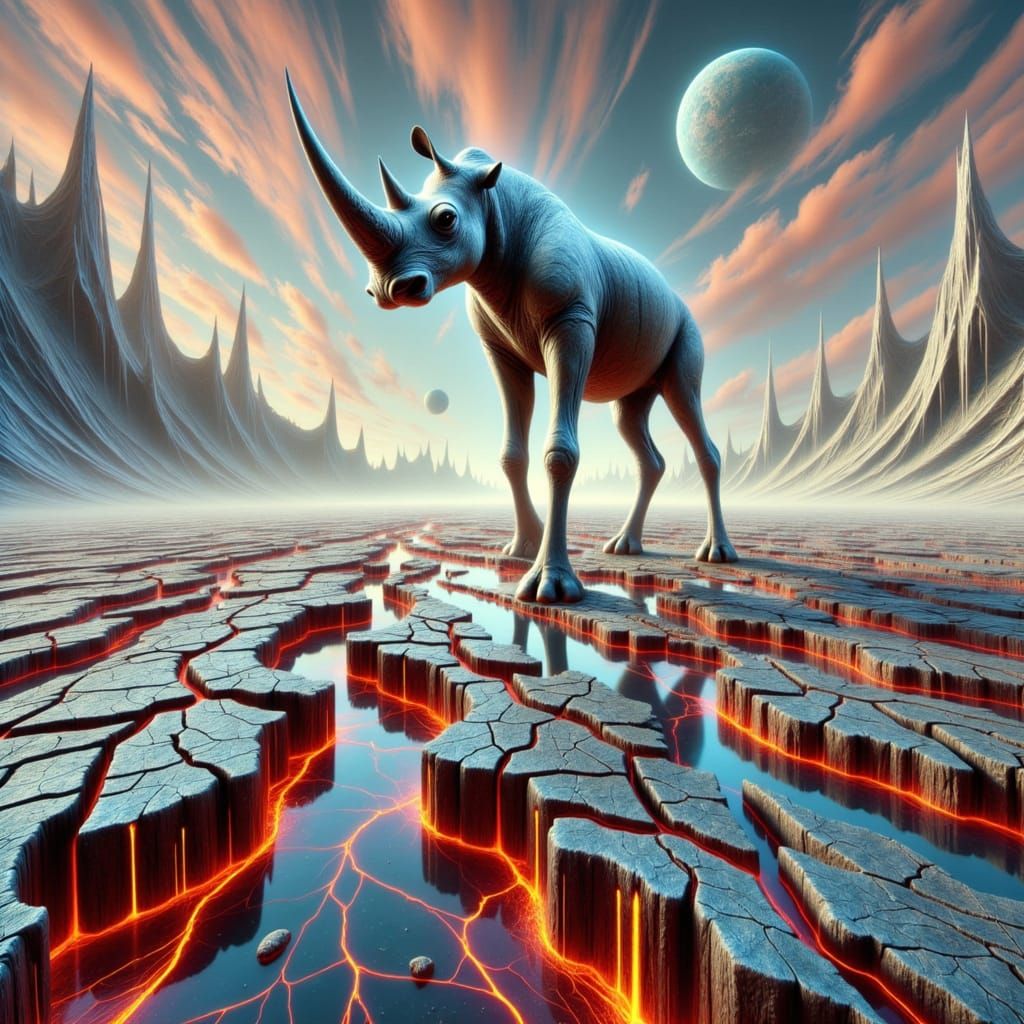 <lora:-Slender World-:1.0> tall slender rhino in the distance with an endless view of alien landscape