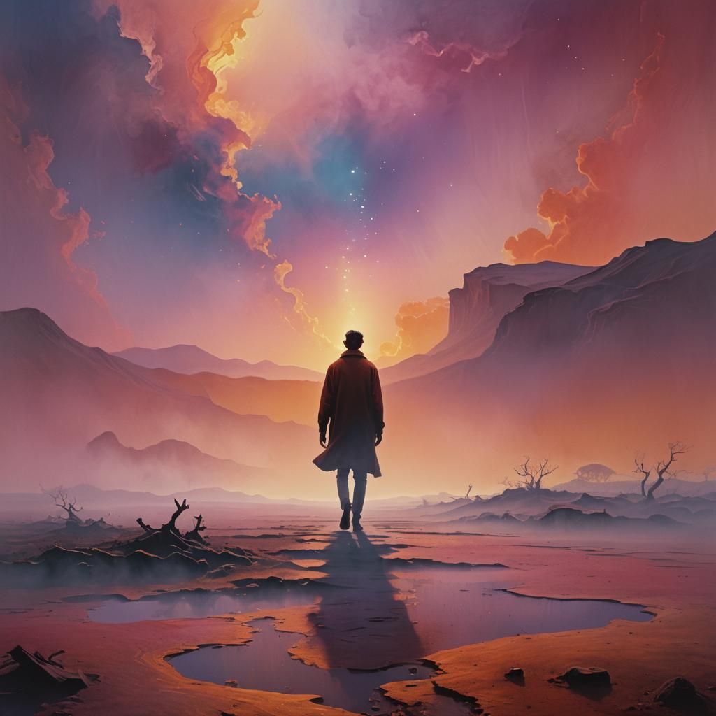 Surreal Figure Steps Toward Light in Dreamscape